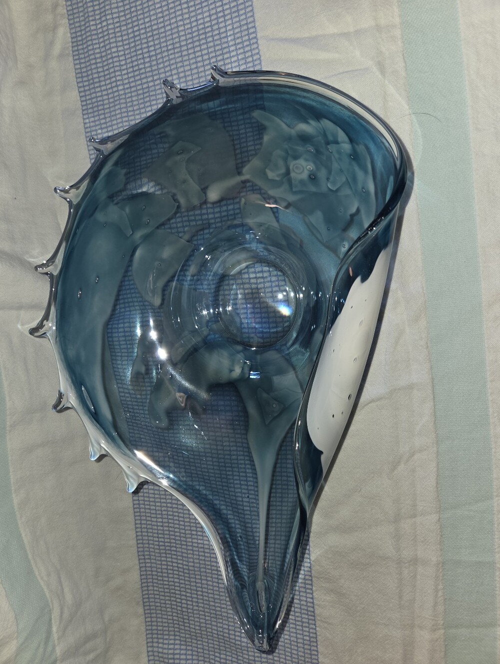Zorza Murano Style Glass Large 16" Seashell Folded Bowl Iridescent Center